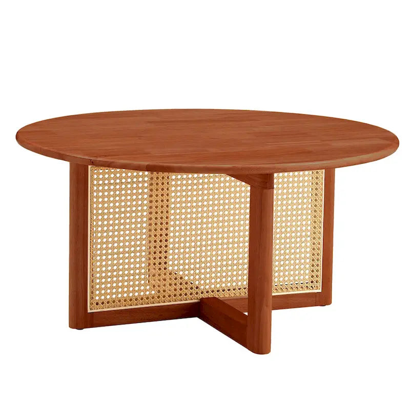 wooden coffee table with faux rattan accents