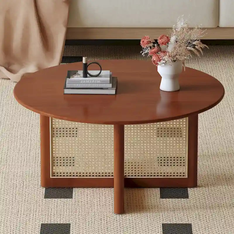 wooden coffee table with faux rattan accents