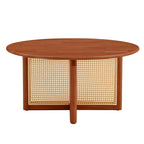 wooden coffee table with faux rattan accents