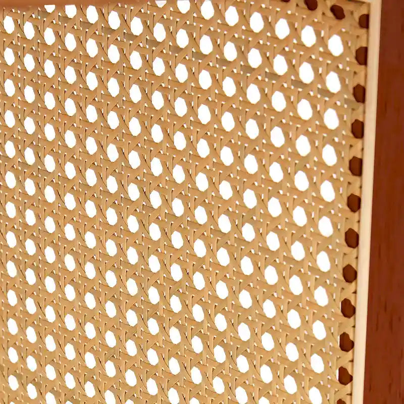 wooden coffee table with faux rattan accents