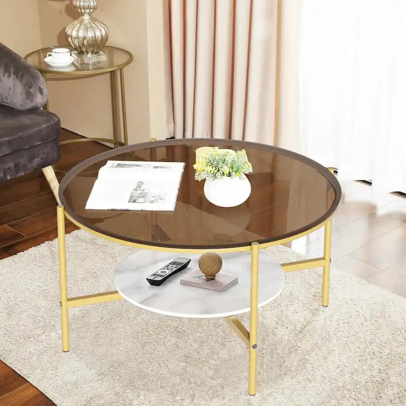 2-Tier Round Coffee Storage Table with Tempered Glass Top and Sintered Stone Accent Table