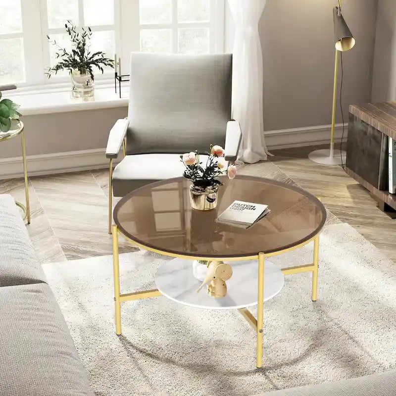 2-Tier Round Coffee Storage Table with Tempered Glass Top and Sintered Stone Accent Table