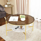 2-Tier Round Coffee Storage Table with Tempered Glass Top and Sintered Stone Accent Table