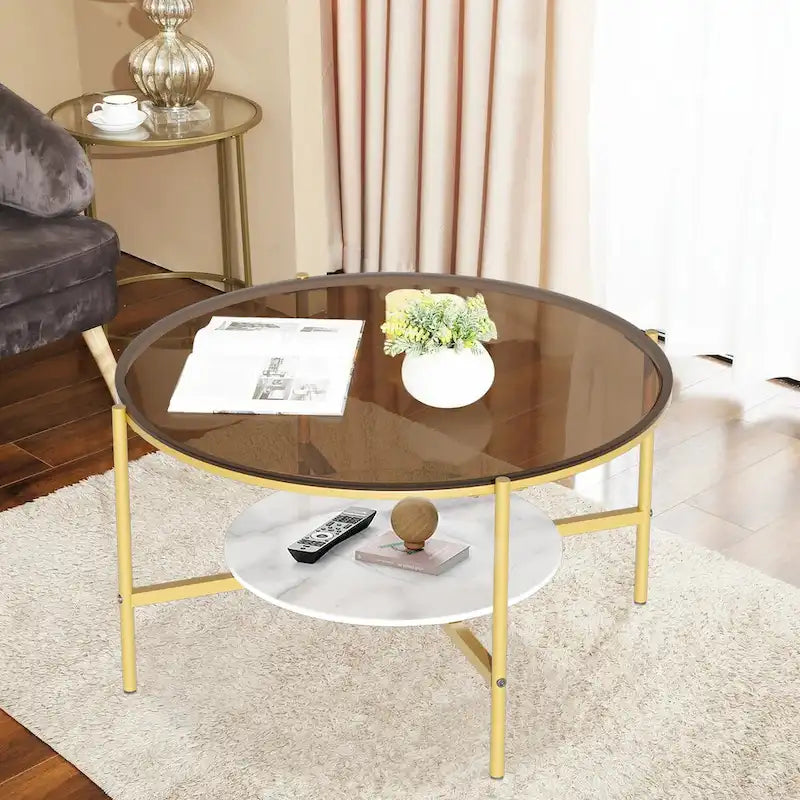 2-Tier Round Coffee Storage Table with Tempered Glass Top and Sintered Stone Accent Table