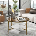 2-Tier Round Coffee Storage Table with Tempered Glass Top and Sintered Stone Accent Table