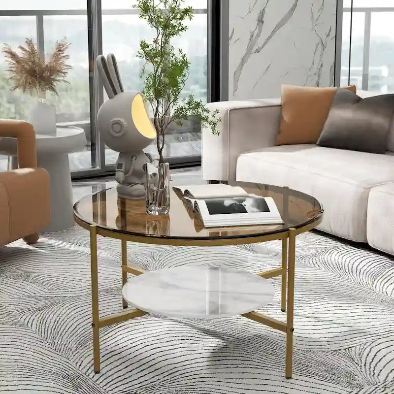 2-Tier Round Coffee Storage Table with Tempered Glass Top and Sintered Stone Accent Table