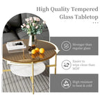 2-Tier Round Coffee Storage Table with Tempered Glass Top and Sintered Stone Accent Table