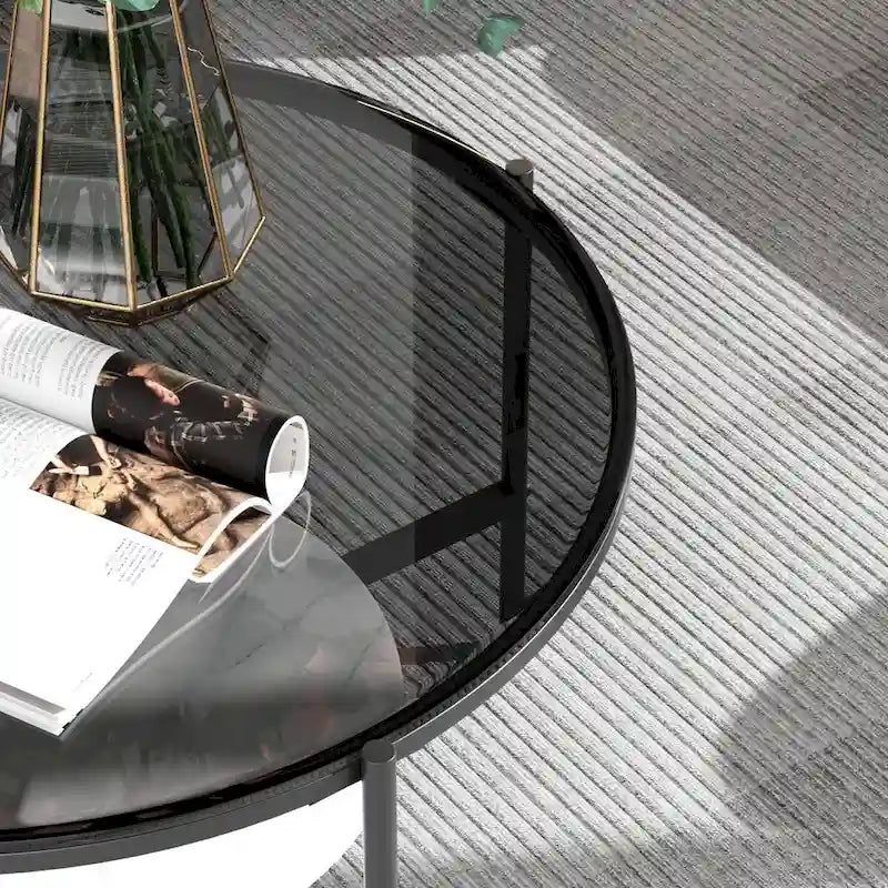 2-Tier Round Coffee Storage Table with Tempered Glass Top and Sintered Stone Accent Table