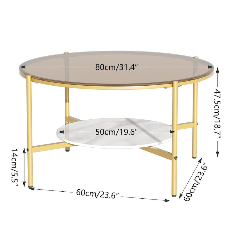 2-Tier Round Coffee Storage Table with Tempered Glass Top and Sintered Stone Accent Table