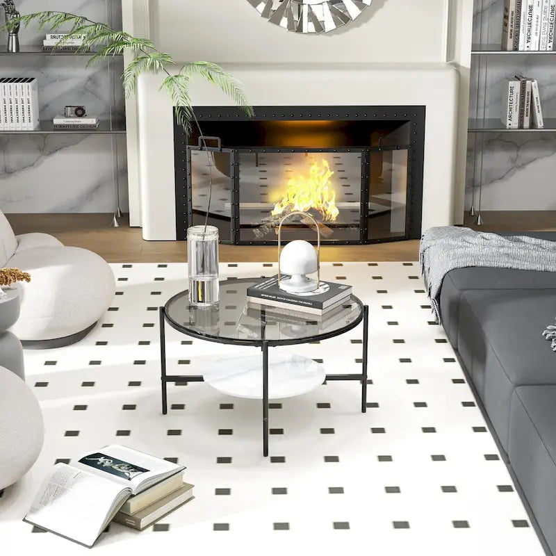 2-Tier Round Coffee Storage Table with Tempered Glass Top and Sintered Stone Accent Table