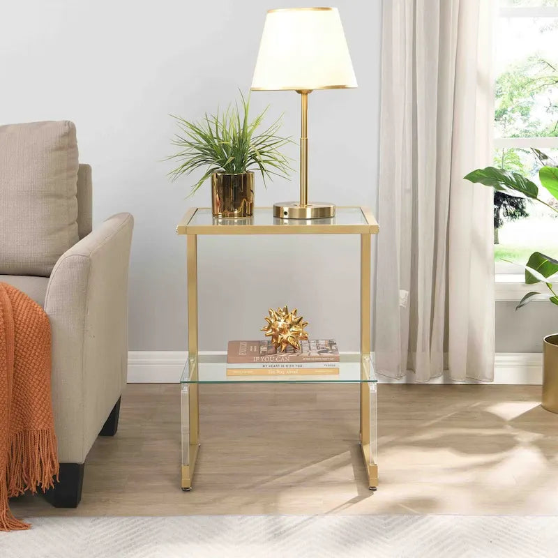 Golden Side Table, 2-Tier Acrylic Glass End Table for Dining Room, Living Room, Kitchen, Hallway