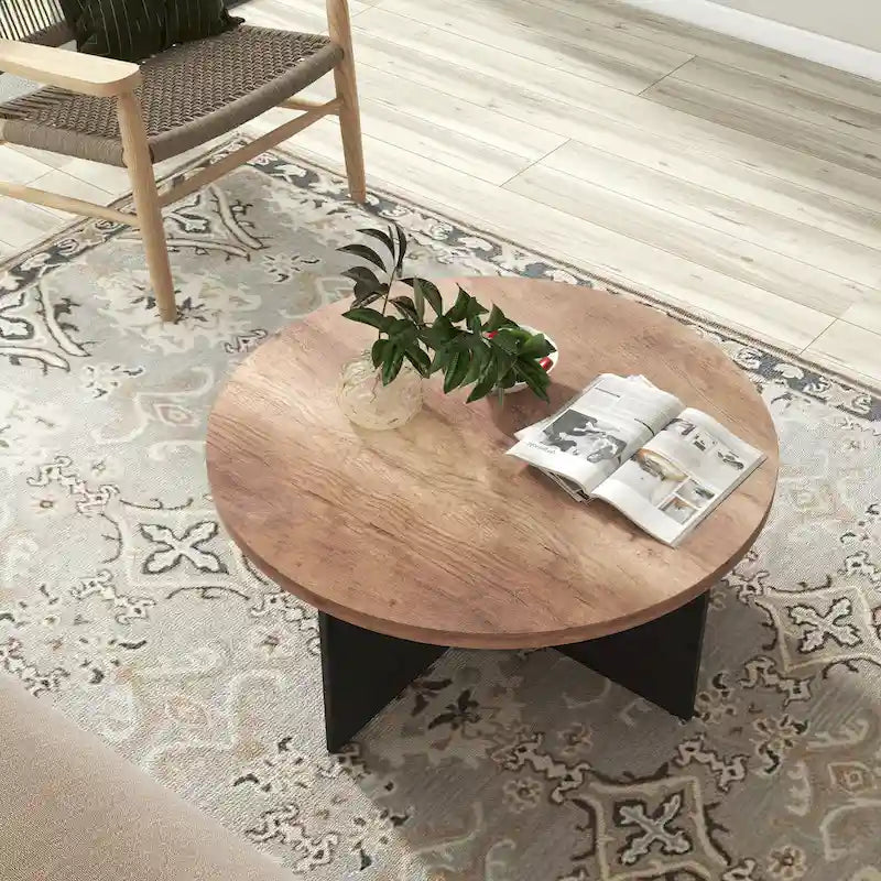 Round Coffee Table Rustic Wood End Table for Living Room