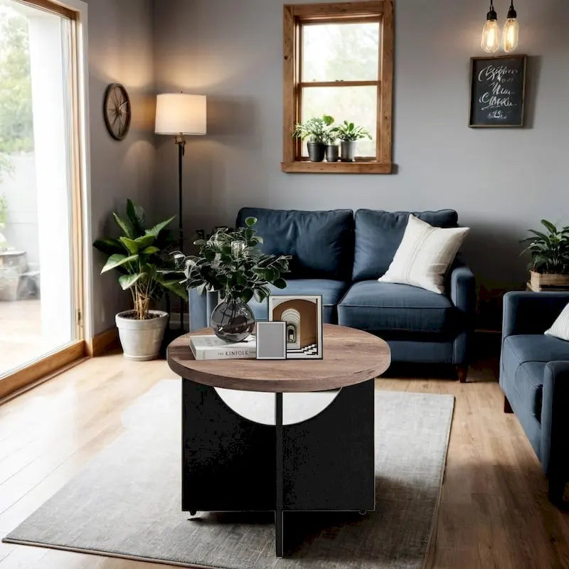 Round Coffee Table Rustic Wood End Table for Living Room