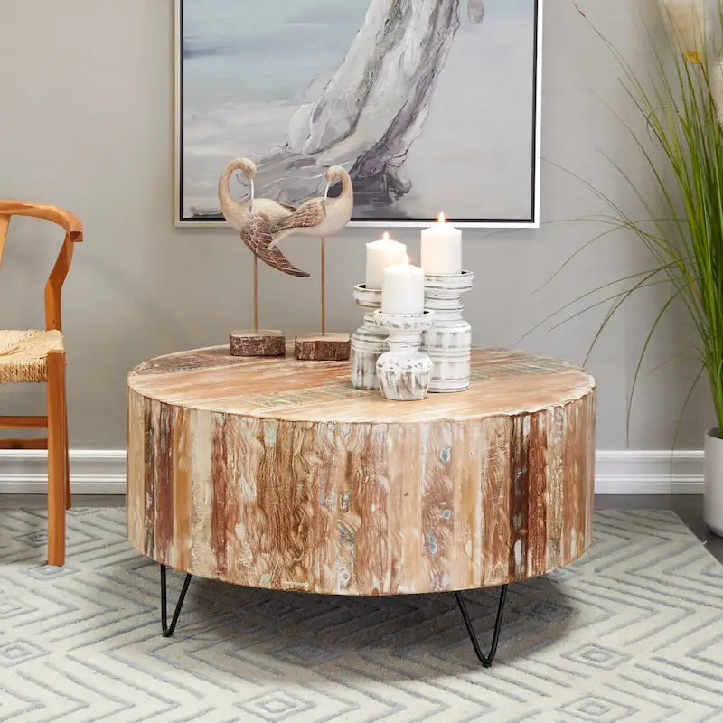 Mango Wood Handmade Distressed Coffee Table or Accent Table with Black Metal Hairpin Legs - Brown - Roche River Decor
