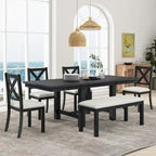 Farmhouse 6-Piece Extendable Dining Table Set with 11  Leaves, Acacia Wood Construction, Black Table, Beige Cushion, Seats 6
