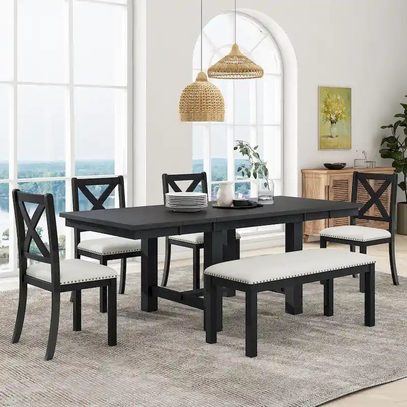 Farmhouse 6-Piece Extendable Dining Table Set with 11  Leaves, Acacia Wood Construction, Black Table, Beige Cushion, Seats 6