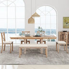 Farmhouse 6-Piece Extendable Dining Table Set with 11  Leaves, Acacia Wood Construction, Black Table, Beige Cushion, Seats 6