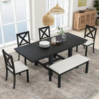 Farmhouse 6-Piece Extendable Dining Table Set with 11  Leaves, Acacia Wood Construction, Black Table, Beige Cushion, Seats 6
