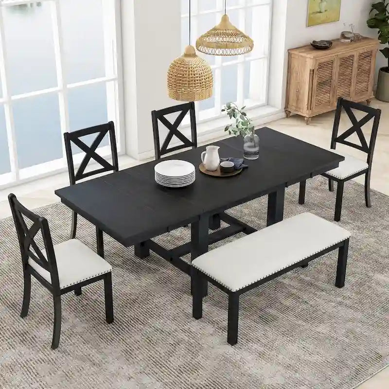 Farmhouse 6-Piece Extendable Dining Table Set with 11  Leaves, Acacia Wood Construction, Black Table, Beige Cushion, Seats 6