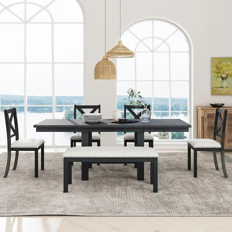 Farmhouse 6-Piece Extendable Dining Table Set with 11  Leaves, Acacia Wood Construction, Black Table, Beige Cushion, Seats 6