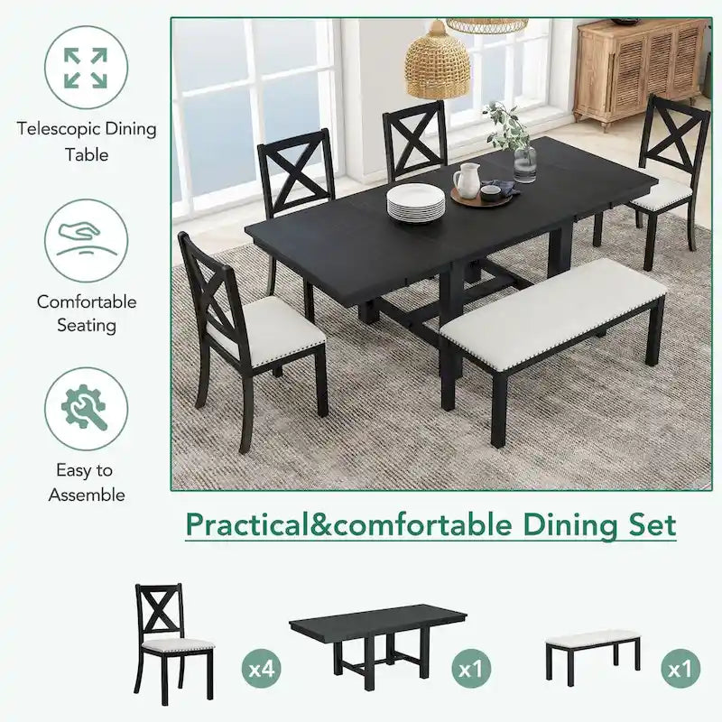 Farmhouse 6-Piece Extendable Dining Table Set with 11  Leaves, Acacia Wood Construction, Black Table, Beige Cushion, Seats 6