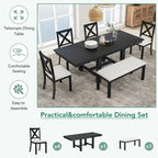 Farmhouse 6-Piece Extendable Dining Table Set with 11  Leaves, Acacia Wood Construction, Black Table, Beige Cushion, Seats 6