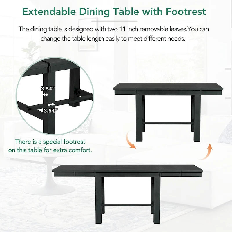 Farmhouse 6-Piece Extendable Dining Table Set with 11  Leaves, Acacia Wood Construction, Black Table, Beige Cushion, Seats 6