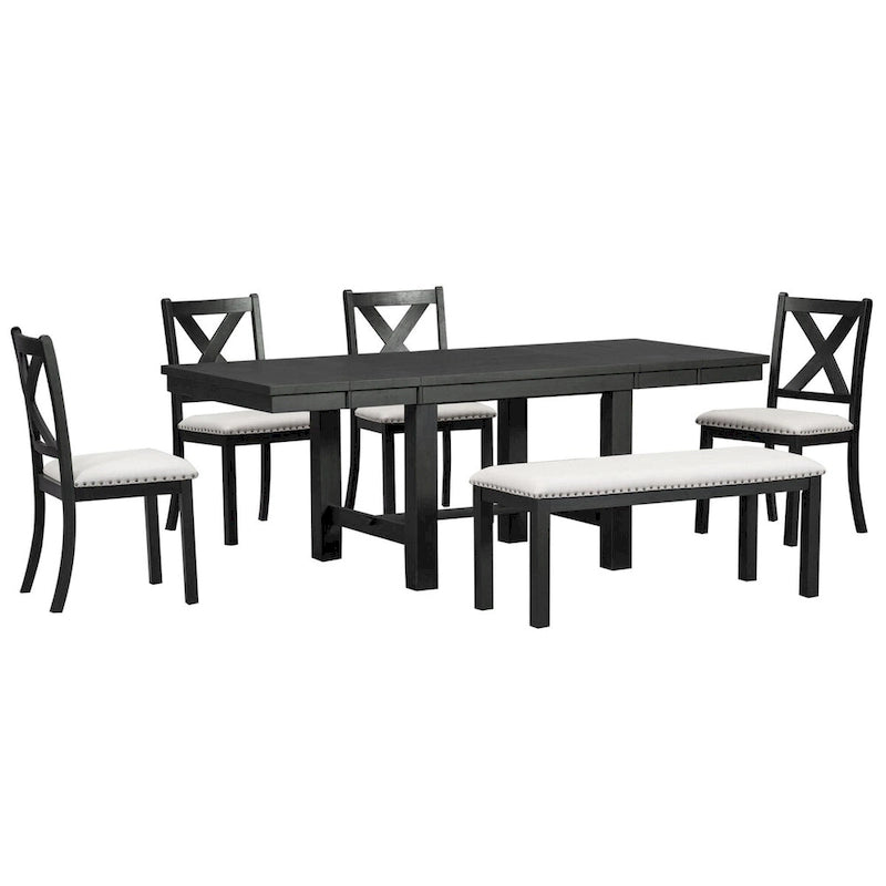 Farmhouse 6-Piece Extendable Dining Table Set with 11  Leaves, Acacia Wood Construction, Black Table, Beige Cushion, Seats 6