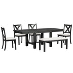 Farmhouse 6-Piece Extendable Dining Table Set with 11  Leaves, Acacia Wood Construction, Black Table, Beige Cushion, Seats 6