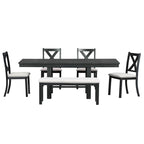 Farmhouse 6-Piece Extendable Dining Table Set with 11  Leaves, Acacia Wood Construction, Black Table, Beige Cushion, Seats 6