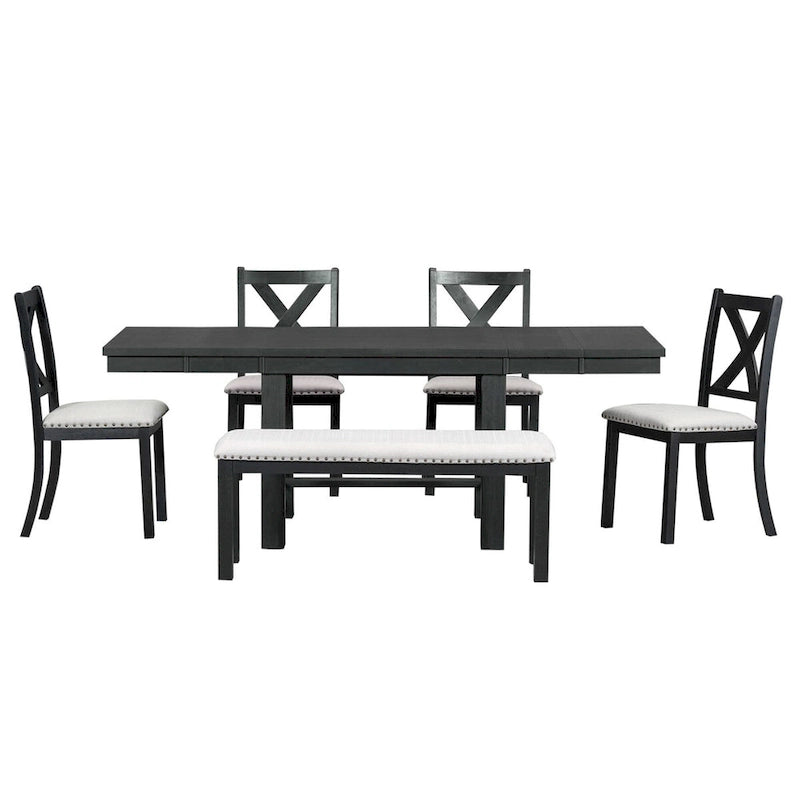 Farmhouse 6-Piece Extendable Dining Table Set with 11  Leaves, Acacia Wood Construction, Black Table, Beige Cushion, Seats 6