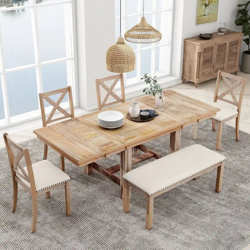 Farmhouse 6-Piece Extendable Dining Table Set with 11  Leaves, Acacia Wood Construction, Black Table, Beige Cushion, Seats 6