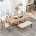 Farmhouse 6-Piece Extendable Dining Table Set with 11  Leaves, Acacia Wood Construction, Black Table, Beige Cushion, Seats 6