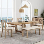 Farmhouse 6-Piece Extendable Dining Table Set with 11  Leaves, Acacia Wood Construction, Black Table, Beige Cushion, Seats 6