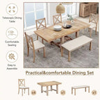 Farmhouse 6-Piece Extendable Dining Table Set with 11  Leaves, Acacia Wood Construction, Black Table, Beige Cushion, Seats 6