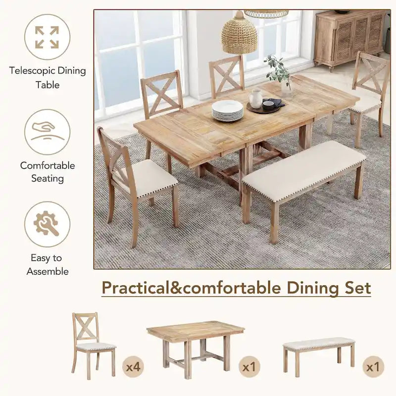 Farmhouse 6-Piece Extendable Dining Table Set with 11  Leaves, Acacia Wood Construction, Black Table, Beige Cushion, Seats 6