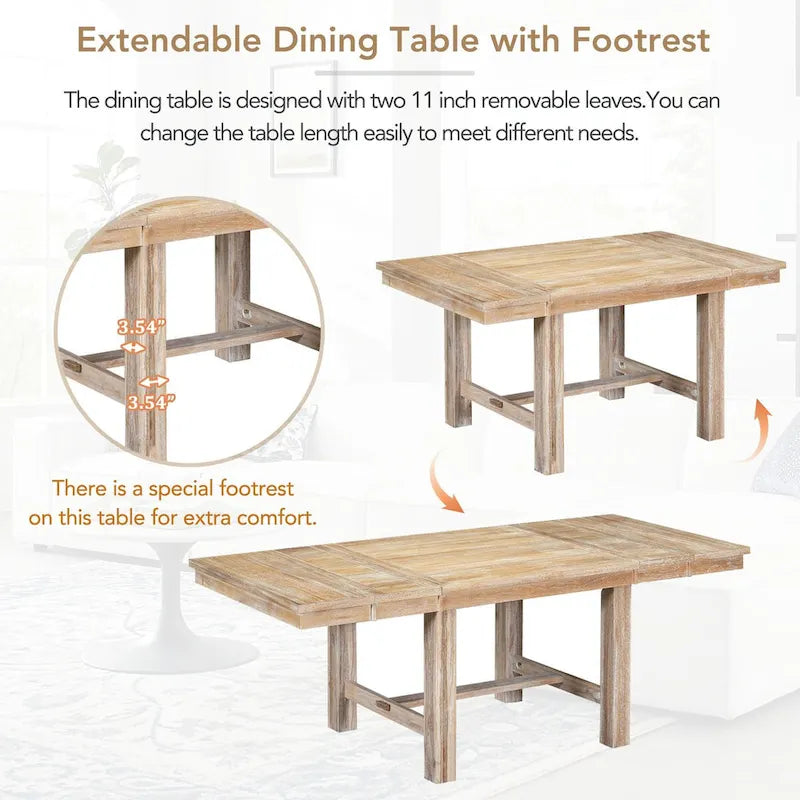 Farmhouse 6-Piece Extendable Dining Table Set with 11  Leaves, Acacia Wood Construction, Black Table, Beige Cushion, Seats 6