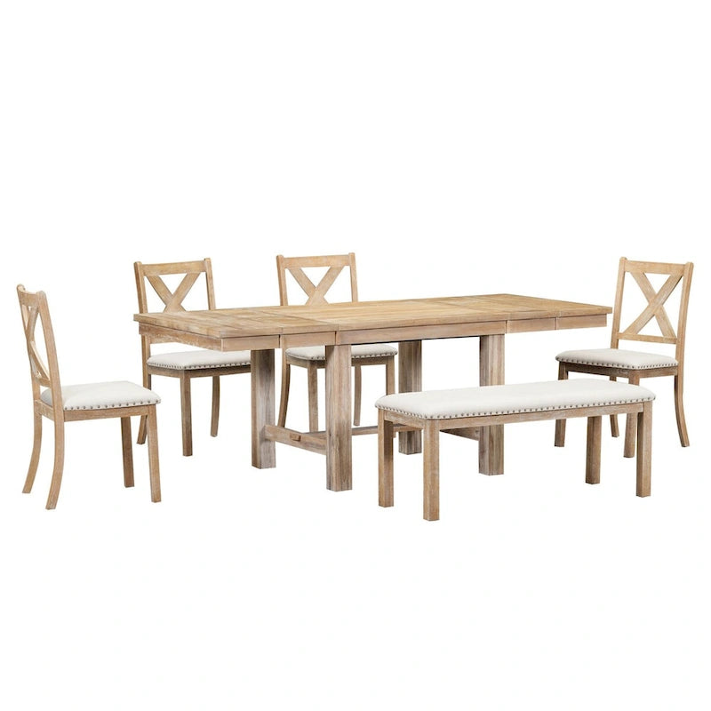 Farmhouse 6-Piece Extendable Dining Table Set with 11  Leaves, Acacia Wood Construction, Black Table, Beige Cushion, Seats 6