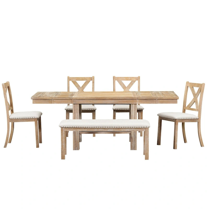 Farmhouse 6-Piece Extendable Dining Table Set with 11  Leaves, Acacia Wood Construction, Black Table, Beige Cushion, Seats 6