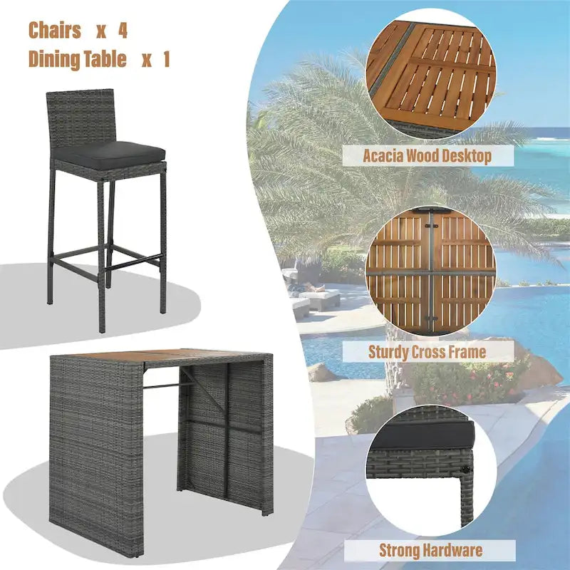 Dining Set,5-pieces,Outdoor Wicker Set,Acacia Wood,Brown And Gray