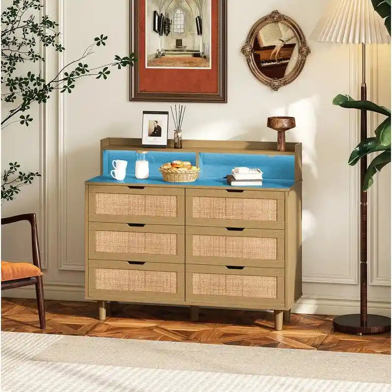 Grondin Bohemian Style 6 Rattan Drawers Sideboard Buffet Kitchen Storage Cabinet with Adjustable LED Lights and Power Outlet