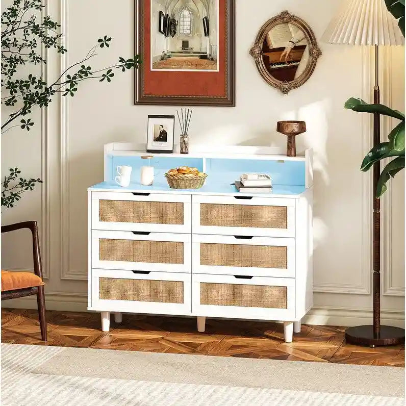 Grondin Bohemian Style 6 Rattan Drawers Sideboard Buffet Kitchen Storage Cabinet with Adjustable LED Lights and Power Outlet