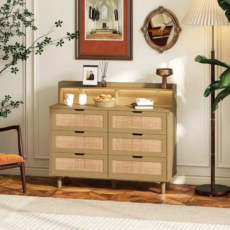 Grondin Bohemian Style 6 Rattan Drawers Sideboard Buffet Kitchen Storage Cabinet with Adjustable LED Lights and Power Outlet