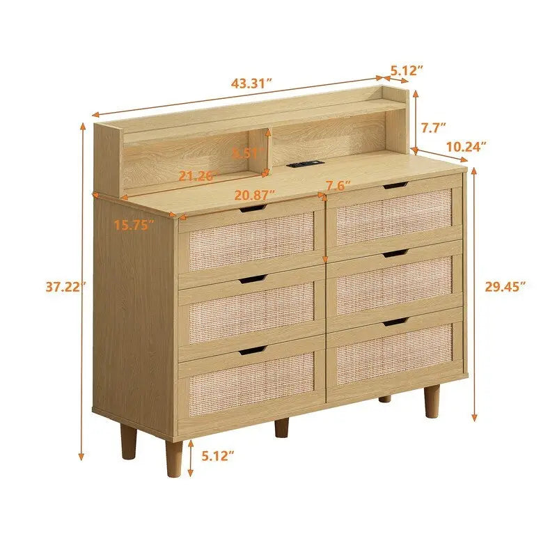 Grondin Bohemian Style 6 Rattan Drawers Sideboard Buffet Kitchen Storage Cabinet with Adjustable LED Lights and Power Outlet