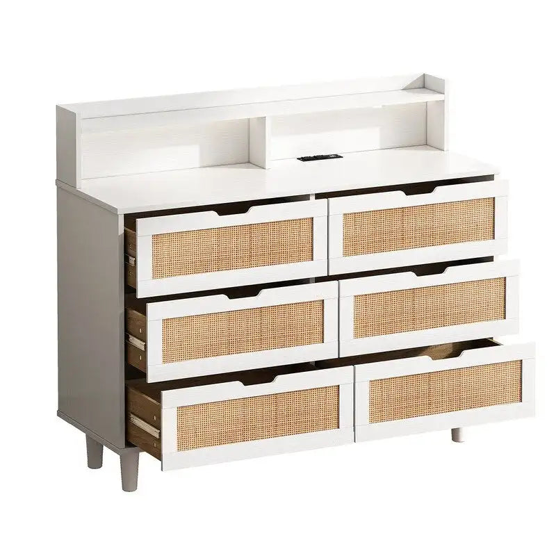 Grondin Bohemian Style 6 Rattan Drawers Sideboard Buffet Kitchen Storage Cabinet with Adjustable LED Lights and Power Outlet