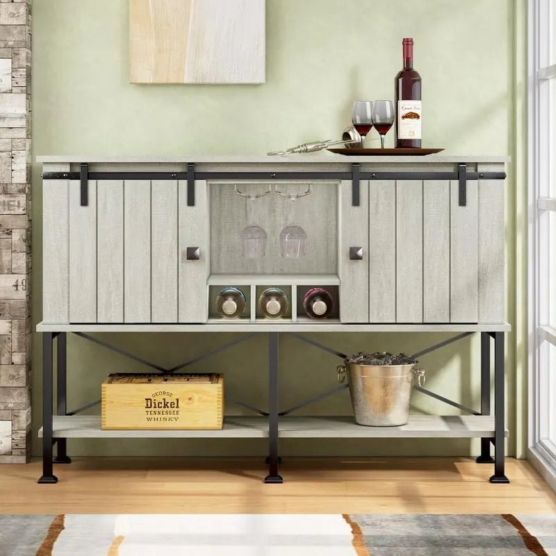 52 inch Wine Cabinet with Barn Door & Adjustable Shelves - 52  W x 38  D x 15.5  H