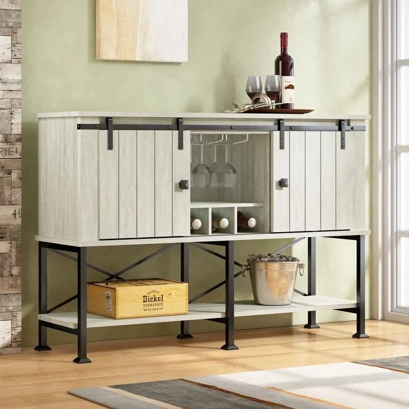 52 inch Wine Cabinet with Barn Door & Adjustable Shelves - 52  W x 38  D x 15.5  H