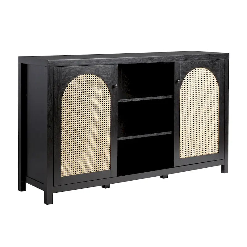 Transitional 58  2-Door Sideboard with Arched Rattan Panels for Living Room, Bedroom and Office