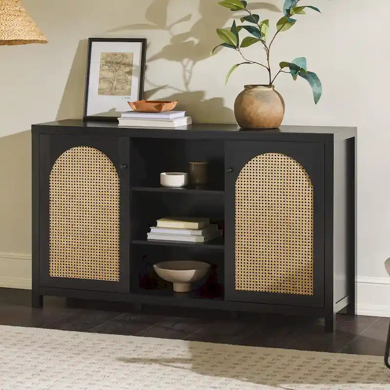 Transitional 58  2-Door Sideboard with Arched Rattan Panels for Living Room, Bedroom and Office
