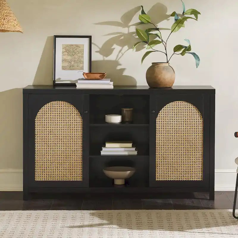 Transitional 58  2-Door Sideboard with Arched Rattan Panels for Living Room, Bedroom and Office